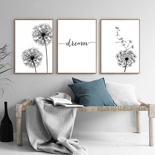 Miniatura 5 de YOWOCAL Decoración de pared de diente de león, lienzo de flores en blanco y negro, decoración de sala de estar, dormitorio, guardería, impresiones