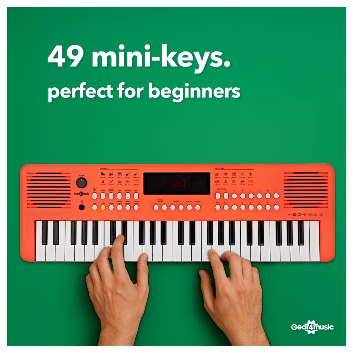 VISIONKEY-2 Tastiera MIDI 49 Tasti per Bambini e Principianti, Arancione | Per Principianti e Appassionati di Musica, 49 Mini Tasti, 300 Suoni e Ritmi, MIDI USB, Uscita Cuffie, Pile o USB
