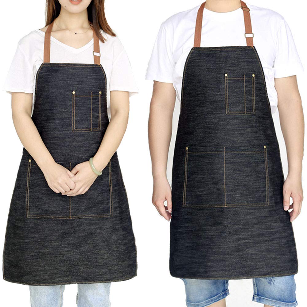 Delantal de mezclilla con babero ajustable, unisex, multibolsillos, para cocinero, manualidades, cocina, barbacoa, dibujo, pintura, jardín, trabajo