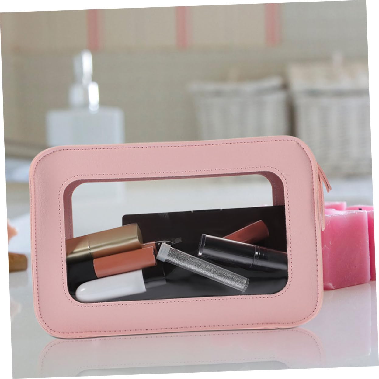 Neceser Transparente de PVC Rosa para Viaje, 2 Piezas
