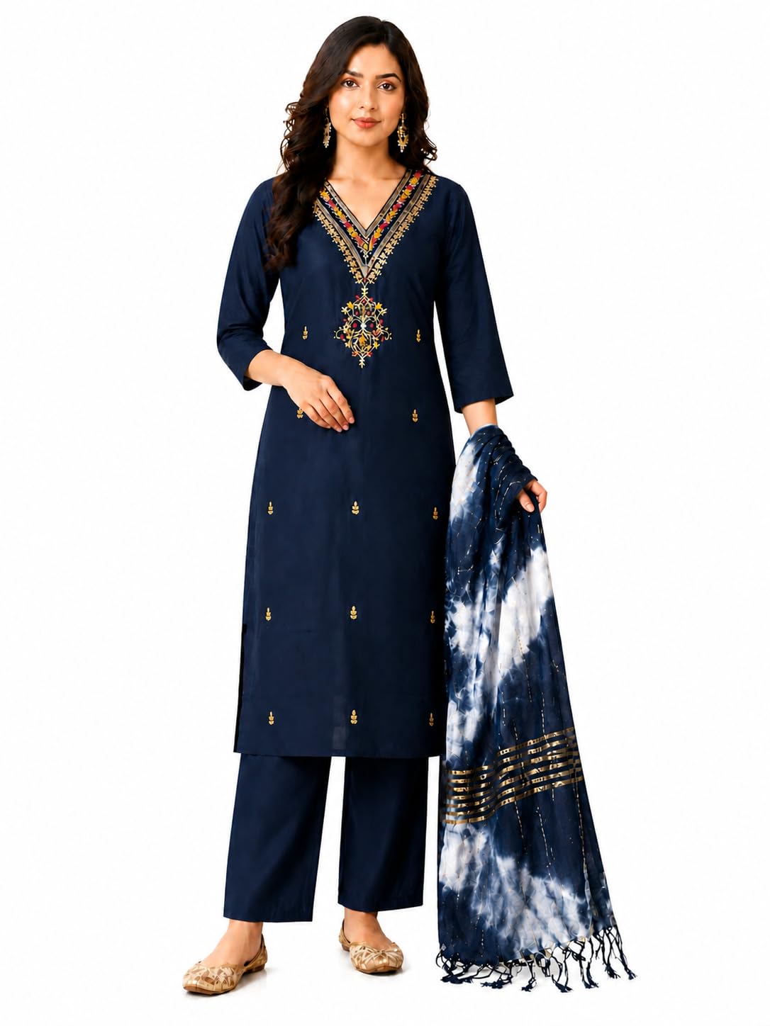 Women’s Ethnic Kurta Pant Dupatta Set with Embroidery – 3 Piece Set-image-46