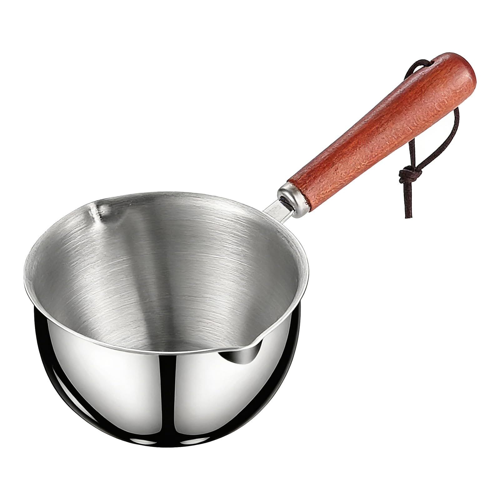 Butter Warmer Pot Stainless Steel 300ml, Mini Butter Melting Pan Metal Milk Pan with Dual Pour Spouts Small Basting Pot with Wooden Handle for Milk Coffee Cooking