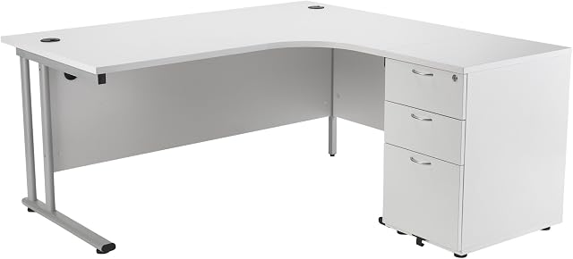Office Hippo Heavy Duty Right Corner Radial Office Desk With 3 Drawer Desk High Storage, Home Office Desk, Filing, PC Desk For Office or Home, 5 Yr Wty, MFC - White,Silver Desk Frame, 160cm x 160.4cm