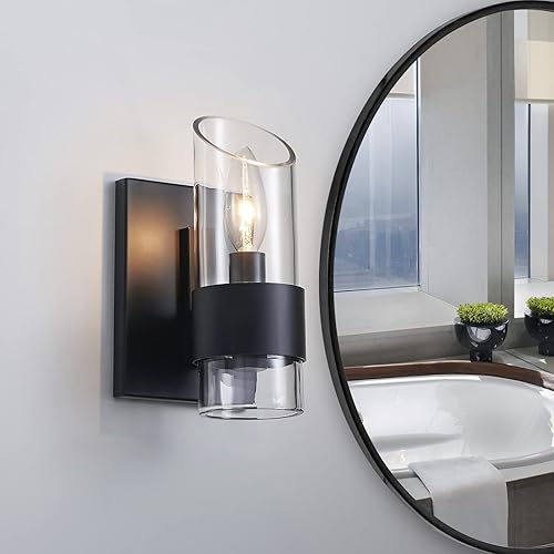 Miniatura 2 de WUZUPS Juego de 2 lámparas de pared de baño de 1 luz sobre espejo con pantalla de clase moderna para baño, dormitorio, sala de estar, base E12, negro