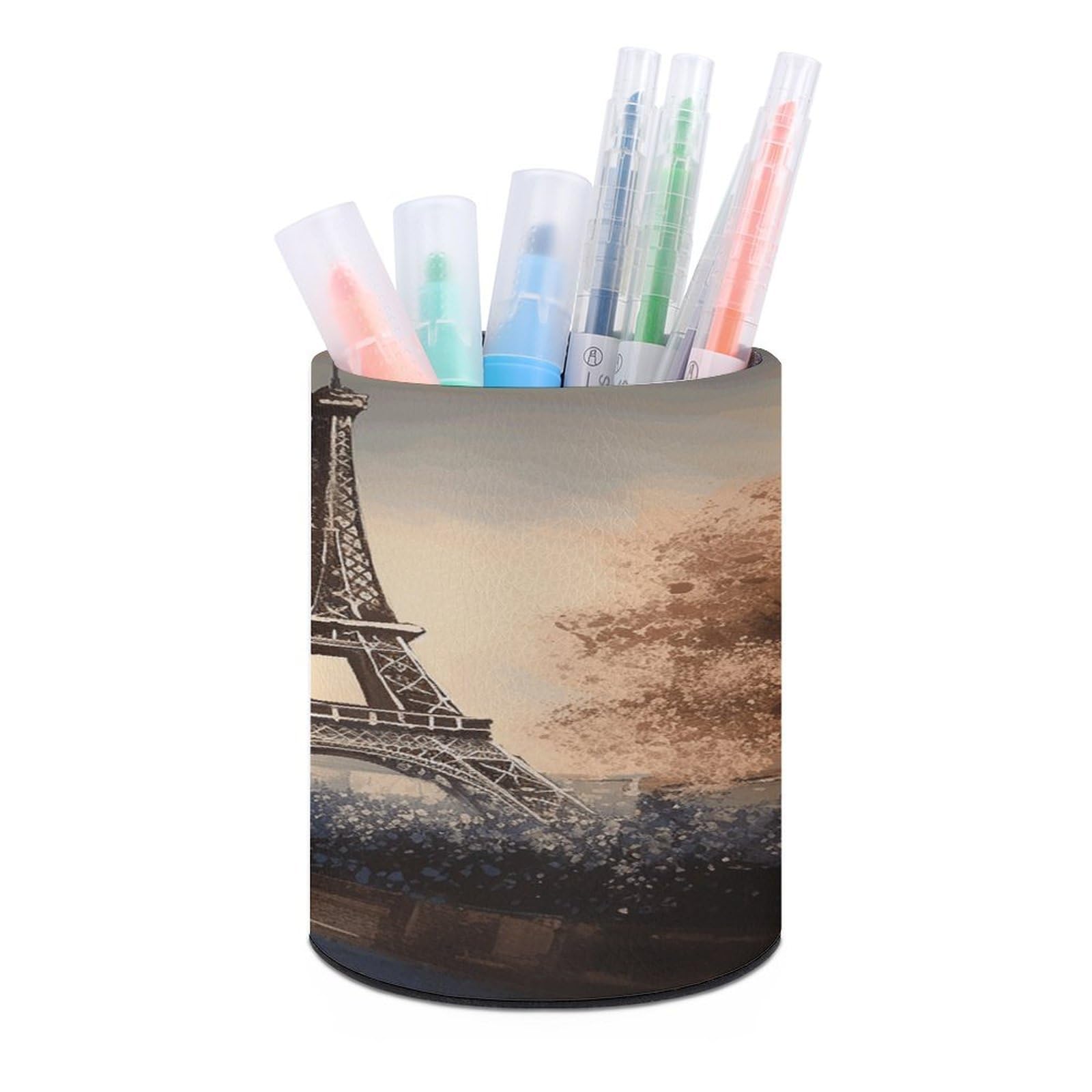 VstaDank Romantic Paris Eiffel Tower Pen Holder PU Leather Pencil Cup Minimalist Desk Pencil Holder Round Make Up Brush Organizers For Office Dorm Room&Vanity Desk Accessories
