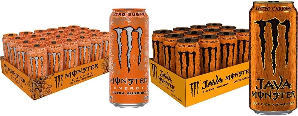 Monster Energy Ultra Sunrise, Sugar Free Energy Drink, 16 Ounce (Pack of 24) & Java Monster Salted Caramel, Coffee + Energy Drink, 15 Ounce (Pack of 12)