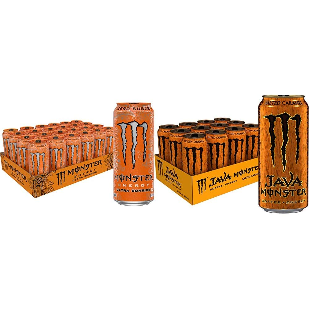 Monster Energy Ultra Sunrise, Sugar Free Energy Drink, 16 Ounce (Pack of 24) & Java Monster Salted Caramel, Coffee + Energy Drink, 15 Ounce (Pack of 12)
