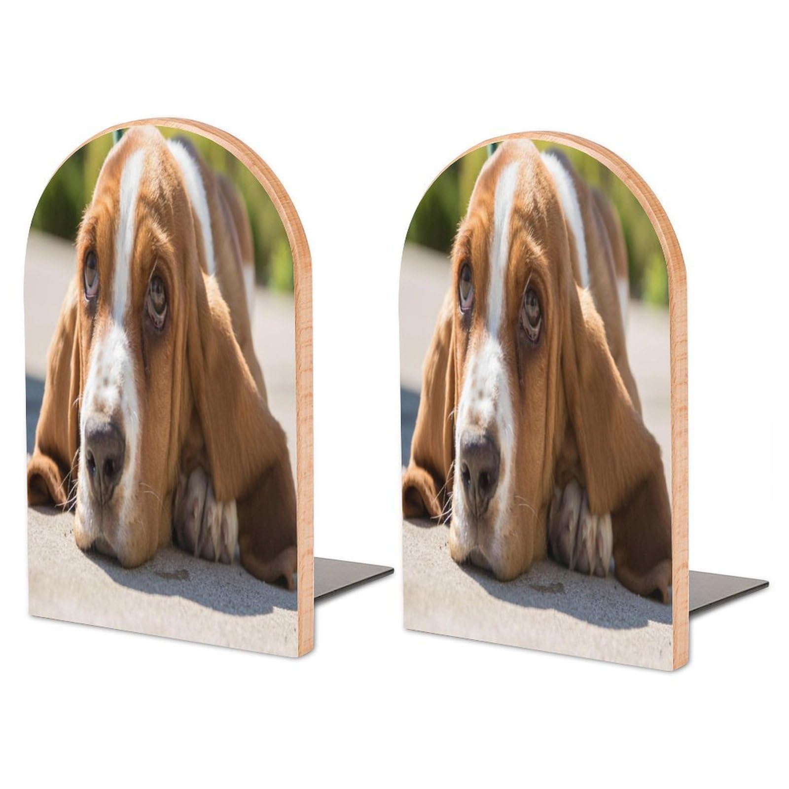 Sujetalibros de madera premium Basset Hound y tope de libros de metal de gran estabilidad