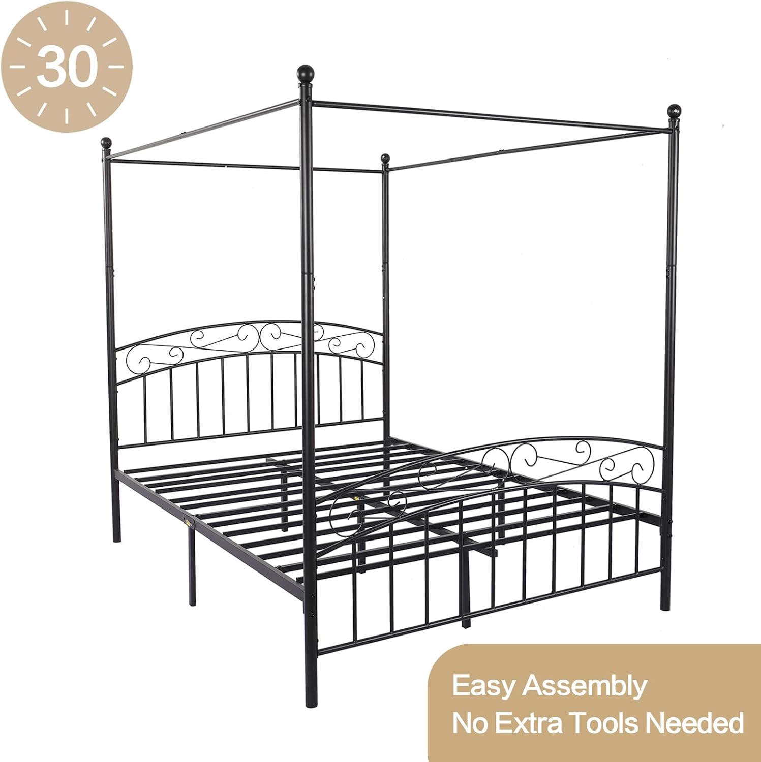 alazyhome Metal Canopy Bed Frame Queen Size, Four-Poster Platform Bed with Headboard and Footboard, Noise-Free Heavy Duty Steel Slats, Easy Assembly, No Box Spring Needed, Black