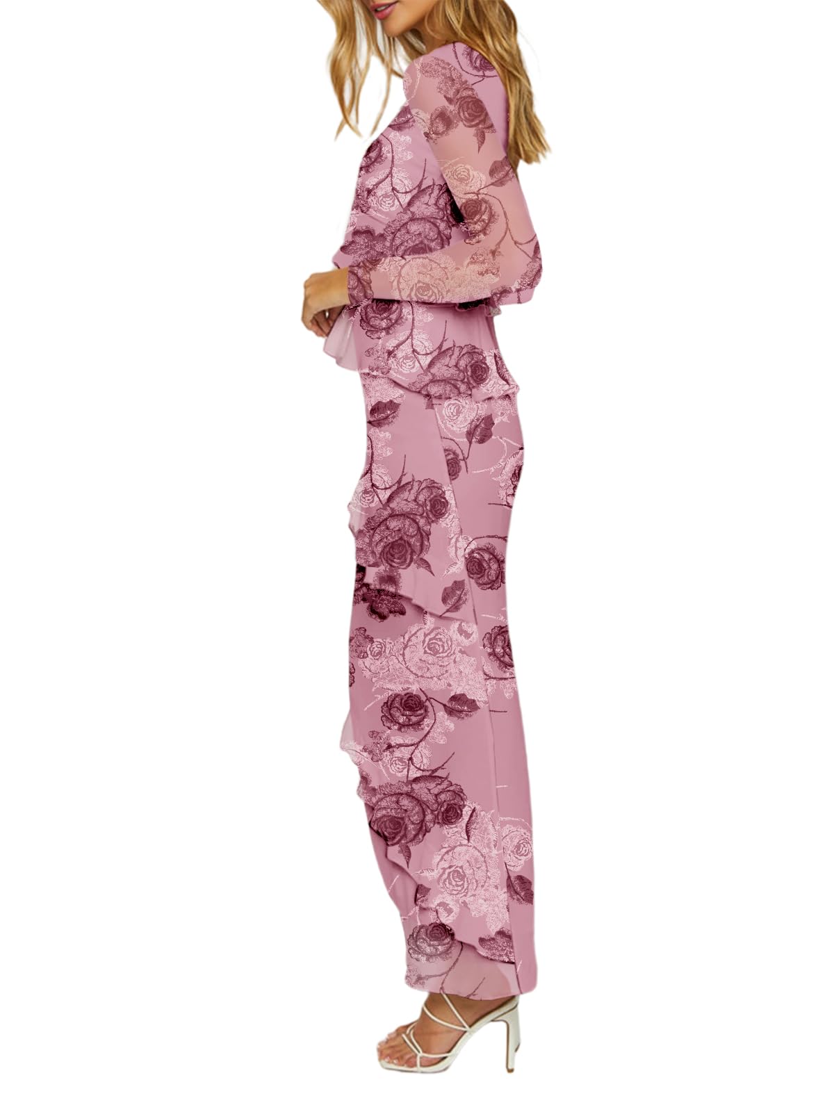 SEBOWEL Ensemble deux pièces en maille florale pour femme - Jupe à manches longues froncée - Jupe moulante à volants - Robe de cocktail formelle