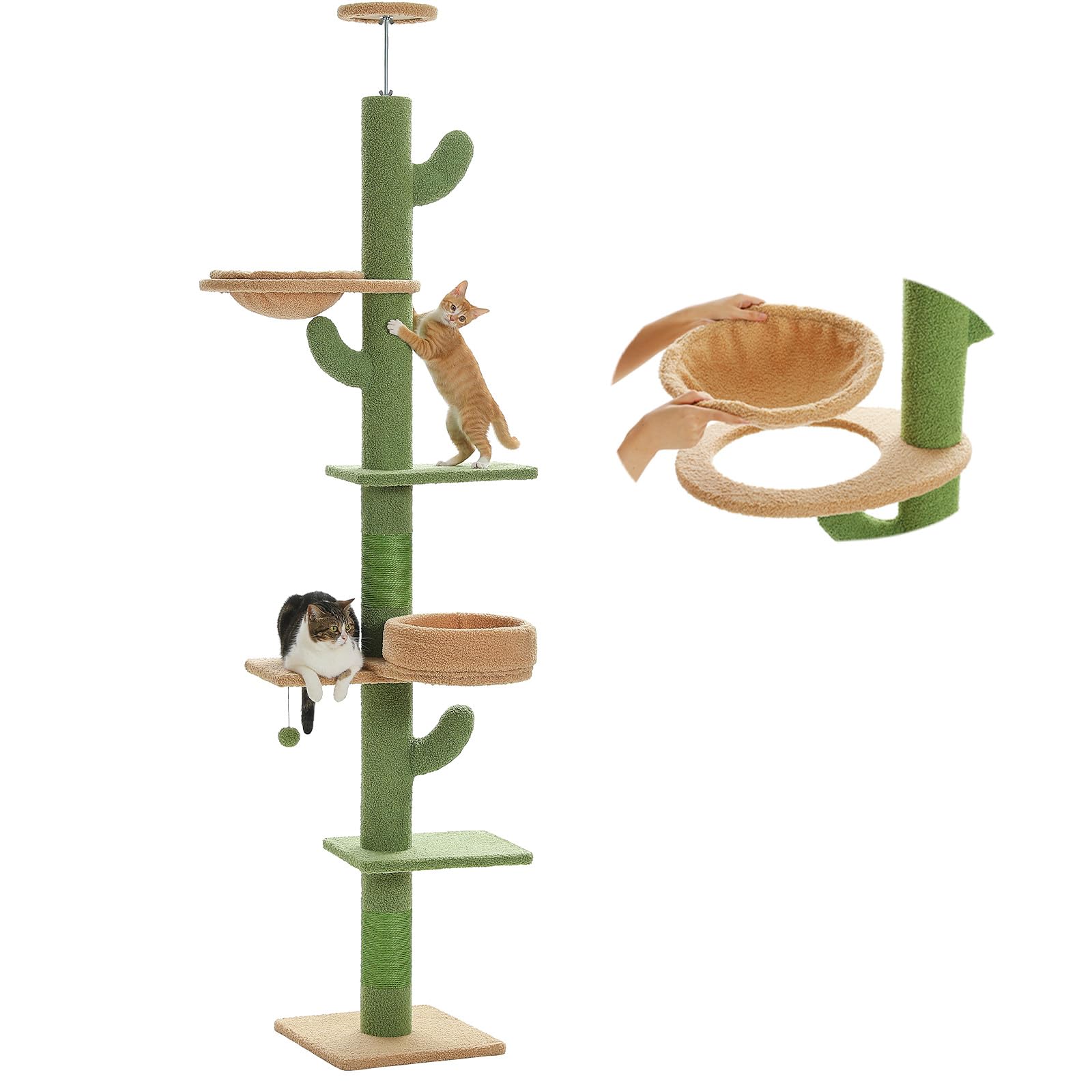 PEQULTI Floor to Ceiling Cat Tree Adjustable Height (87"-100"), 5 Levels Cactus Cat Tower with Perch&Replaceable Hammock, 4.1" Super Robust Cat
