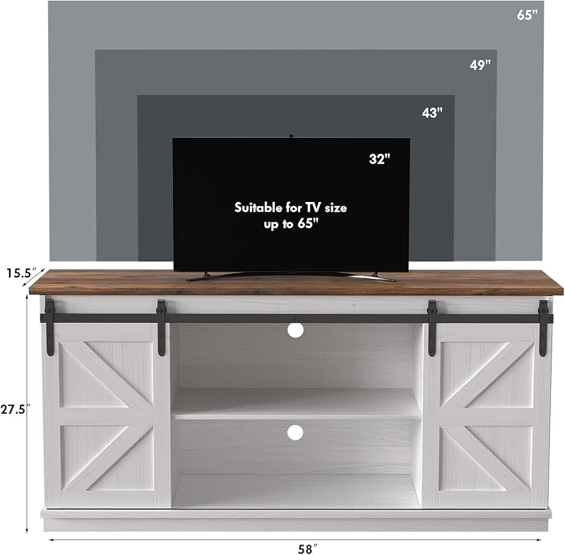JUMMICO TV Stand for 65 Inch TV, Sliding Barn Doors, Bright White image 5