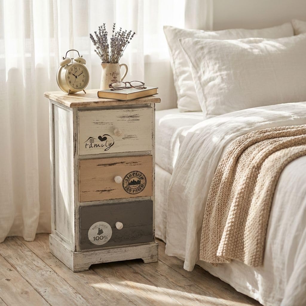 milani home - mobiletto in legno con 3 cassetti, grigio chiaro, stile shabby chic, 29 x 25 x 56 cm