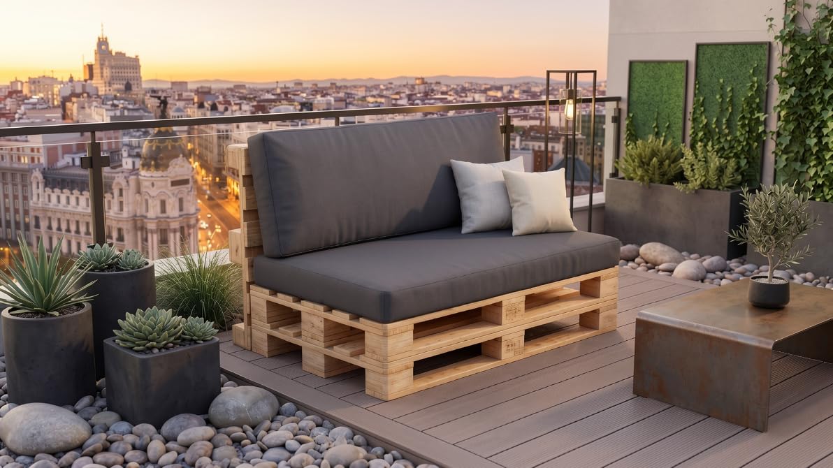 Pack Cojines para Sofá de Palets, Gris, Asiento 120x80cm + Respaldo 120x60cm, 50% Algodón 50% Poliéster, Espuma Alta Densidad, Funda Desenfundable