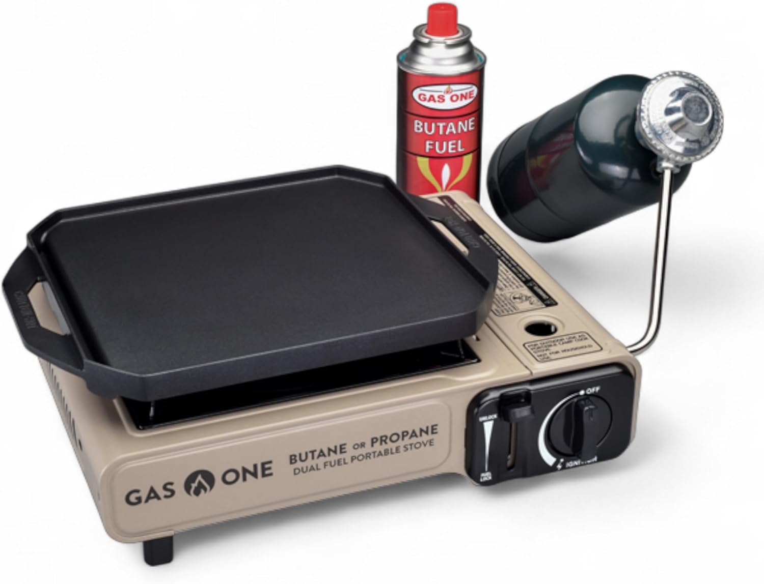 GasOne GS-3400P-KIT Propane or Butane Gas Stove with Flat Top Griddle Included – Dual Fuel Propane Grill Tent Stove Burners for Cooking for Camping, Kitchen – Diecast Aluminum with Non Stick Coating GasOne GS-3400P-KIT Propane or Butane Gas Stove with Flat Top Griddle Included – Dual Fuel Propane Grill Tent Stove Burners for Cooking for Camping, Kitchen – Diecast Aluminum with Non Stick Coating