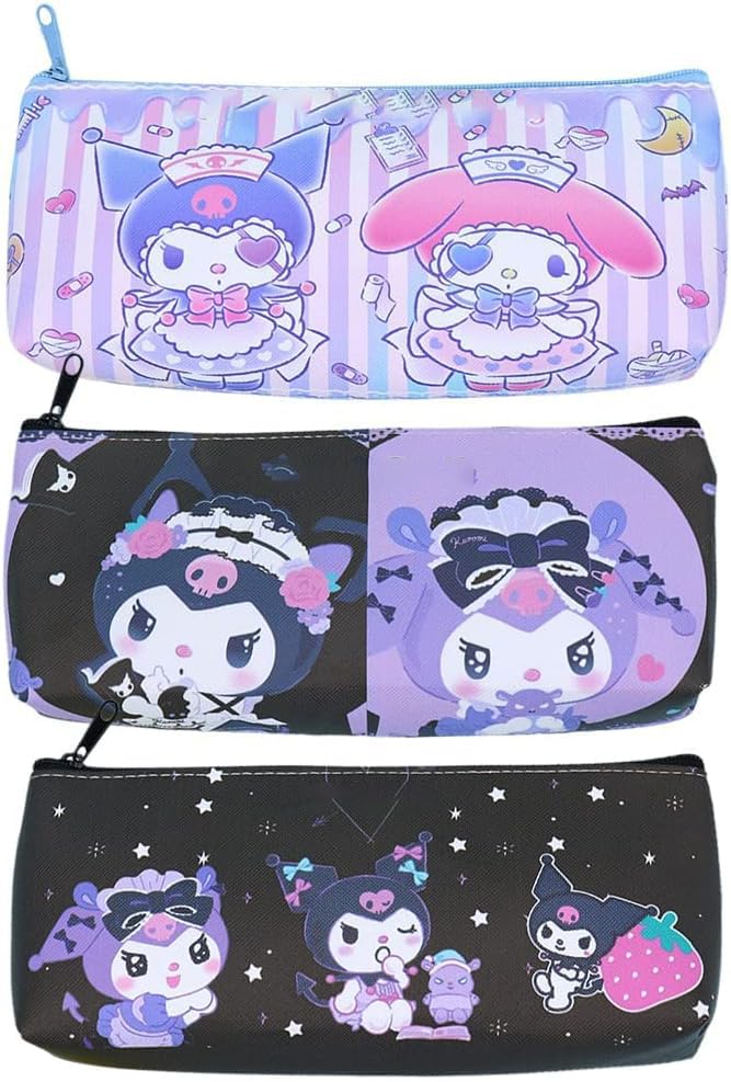 3 Pcs Black Kuromi Pencil Case for Girls, Cute Kuromi Pencil Bag Stationary School Supplies Anime Figures Pencil Case with Smooth Zip PU Storage Pouch Make Up Cosmetic Bag Cute Pencil Case