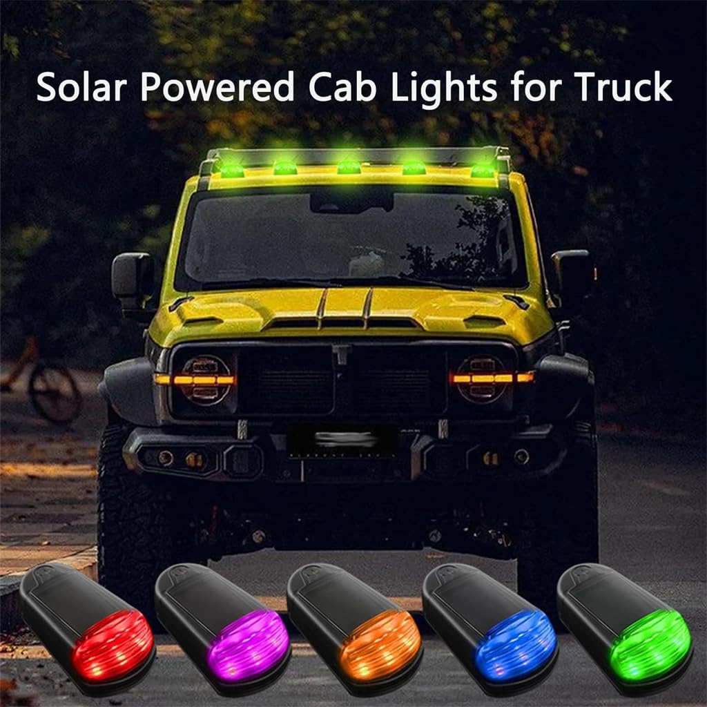 Yiushing Solar Powered Cab Lights for Truck, Punch-Free Solar Powered Cab Lights for Truck, 7 Colors Wireless Led Solar Cab Lights, Roof Lights (Black shell)