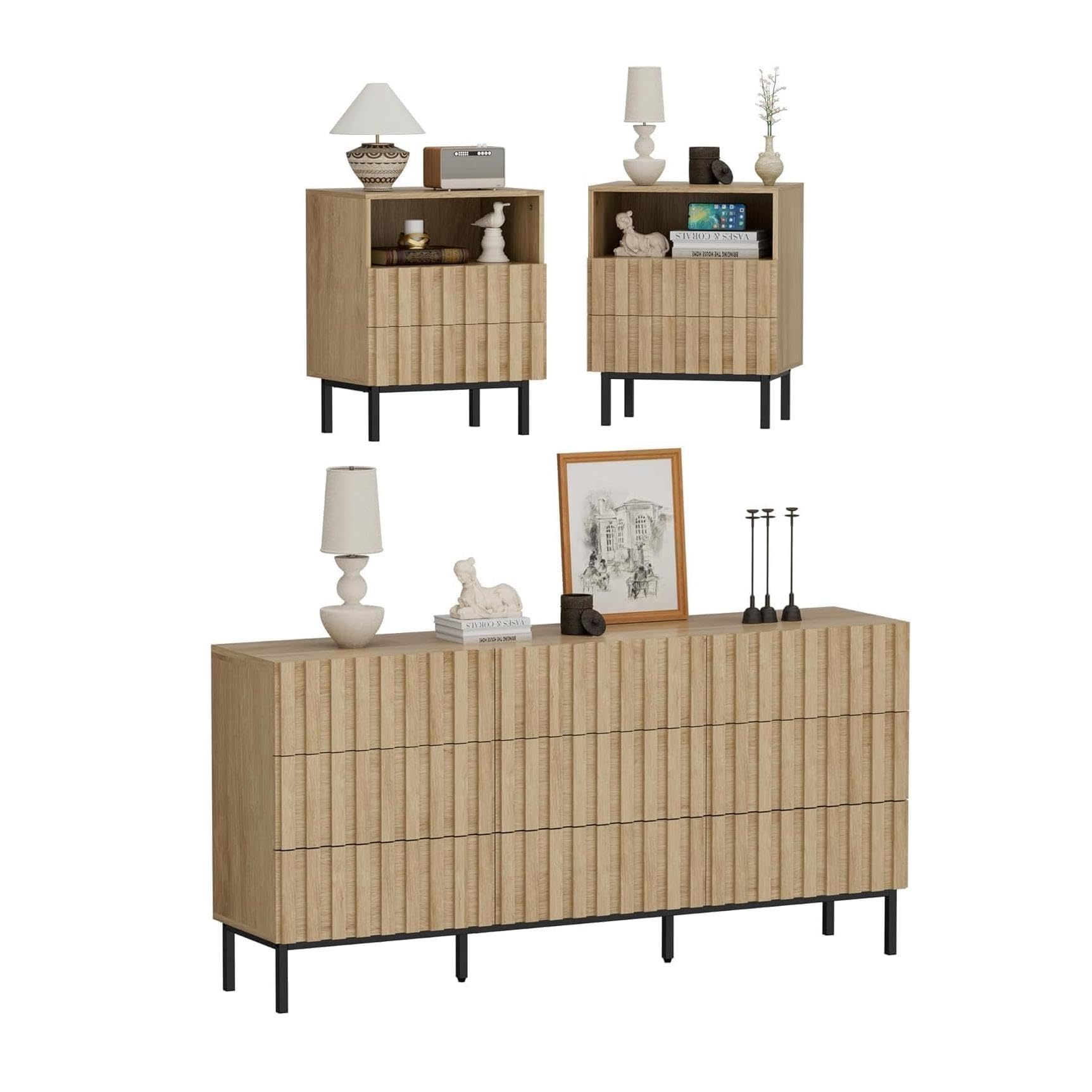 UEV Set mit 3 Schlafzimmermöbeln, 1 Kommode mit 9 Schubladen, 2 Nachttische, großer Stauraum, geräumige Decke, für Wohnzimmer, Schlafzimmer, Holzmuster, Metallbeine, Natur