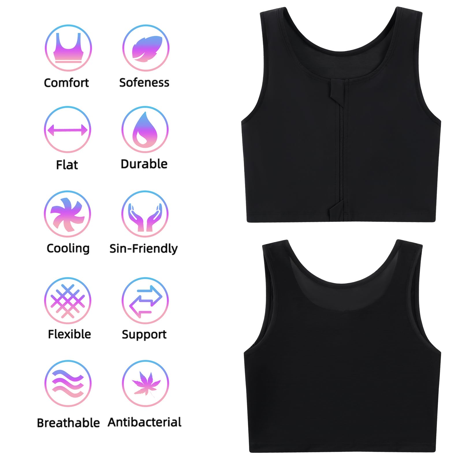 XUJI Tomboy Transgénero FTM Zip Up Aprendible Binder de media pecho transpirable
