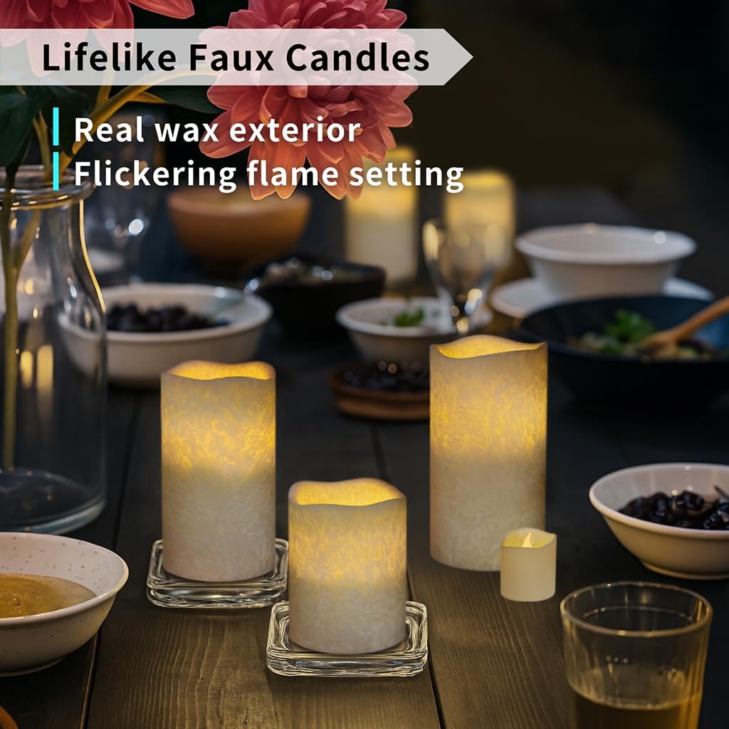 FURORA LIGHTING Ivory Crystallized Real Wax Flickering Candles with Remote and Timer, 4 Pillars and 4 Votives Pack of 8 for Home Décor, Battery Included