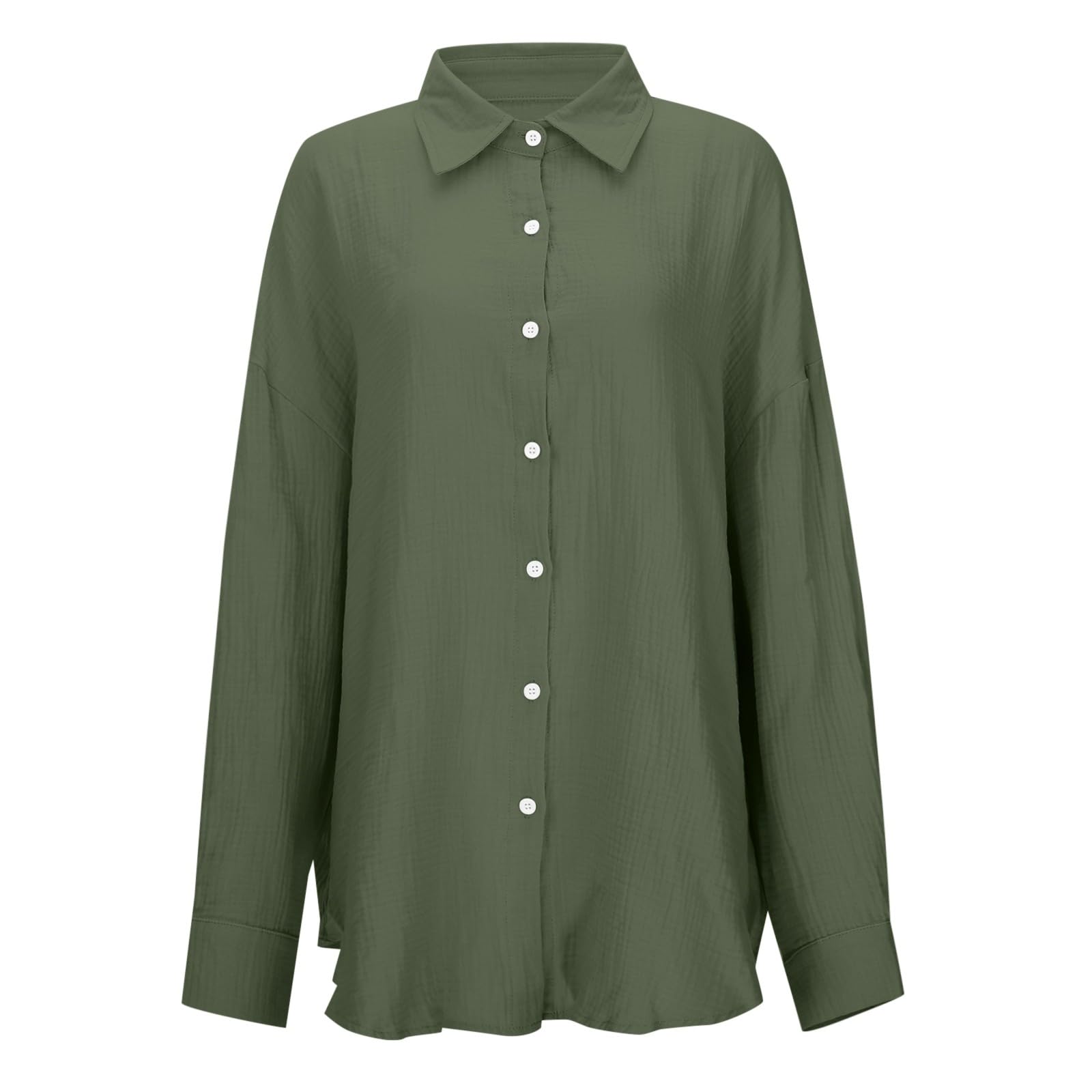 Chemise boutonnée à manches longues tendance en lin pour femme, coupe ample, légère, couleur unie, col en gaze, tunique décontractée pour le printemps, la plage, respirante, vert militaire, S