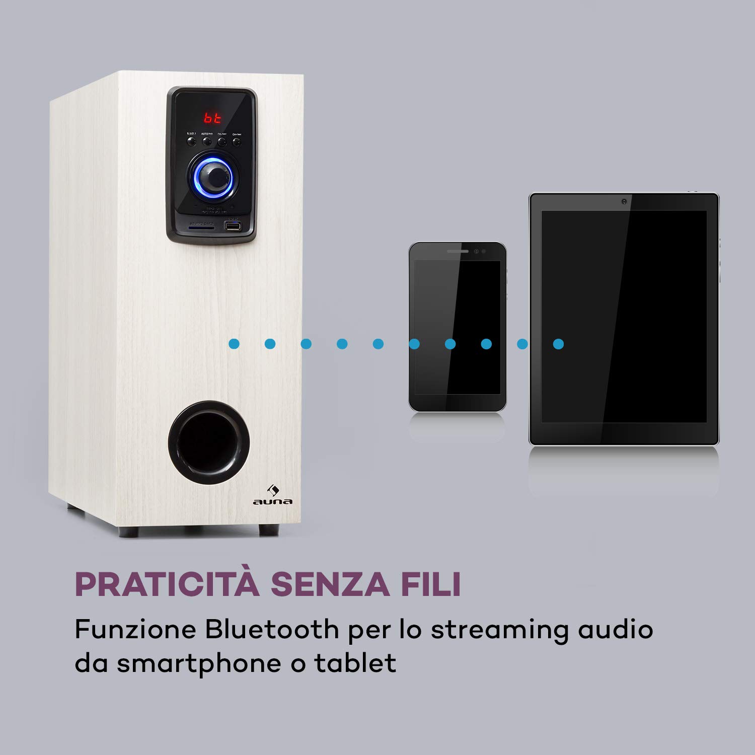 AUNA Areal Elegance - Home Theater 5.1, Impianto Surround a 5.1 Canali, Home Cinema, Potenza: 190 Watt RMS, Subwoofer: 5", 5 Altoparlanti Satellite (3"+5"), Bluetooth, USB/SD, Effetto Legno Chiaro
