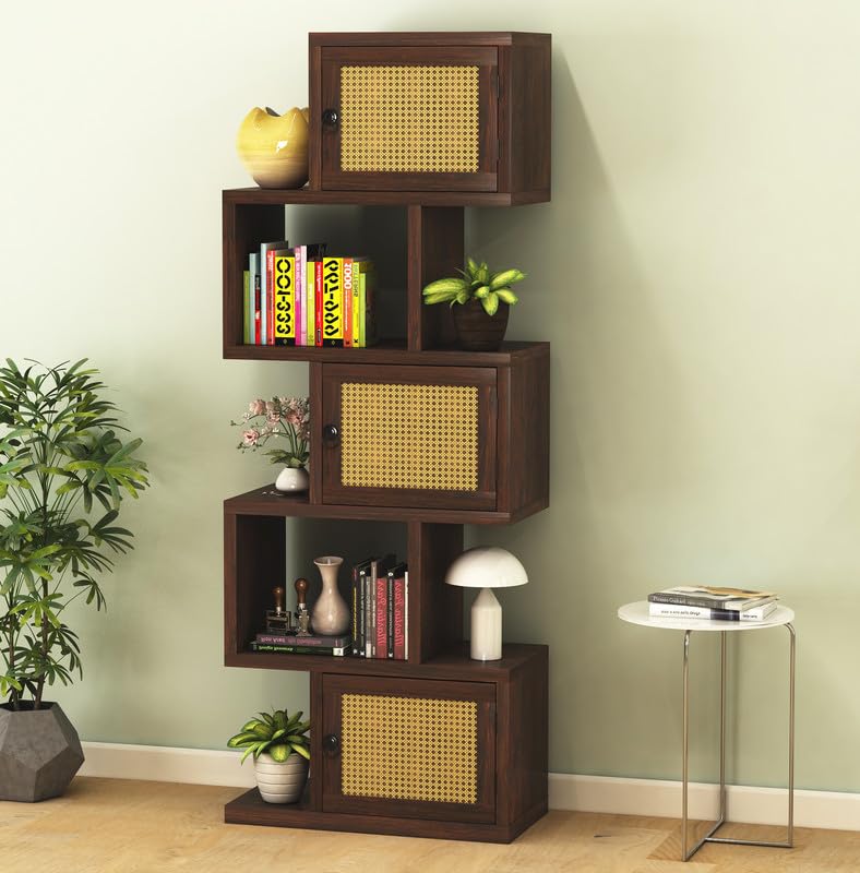 GHROYAL Solid Sheesham Wood 5-Layer Ladder Bookshelf | Zig-Zag Design with 2 Open Shelves & 3 Rattan Wicker Door Storage Bookrack | Display Cabinet Floor Standing Bookcase for Library (Walnut Finish)-image-33