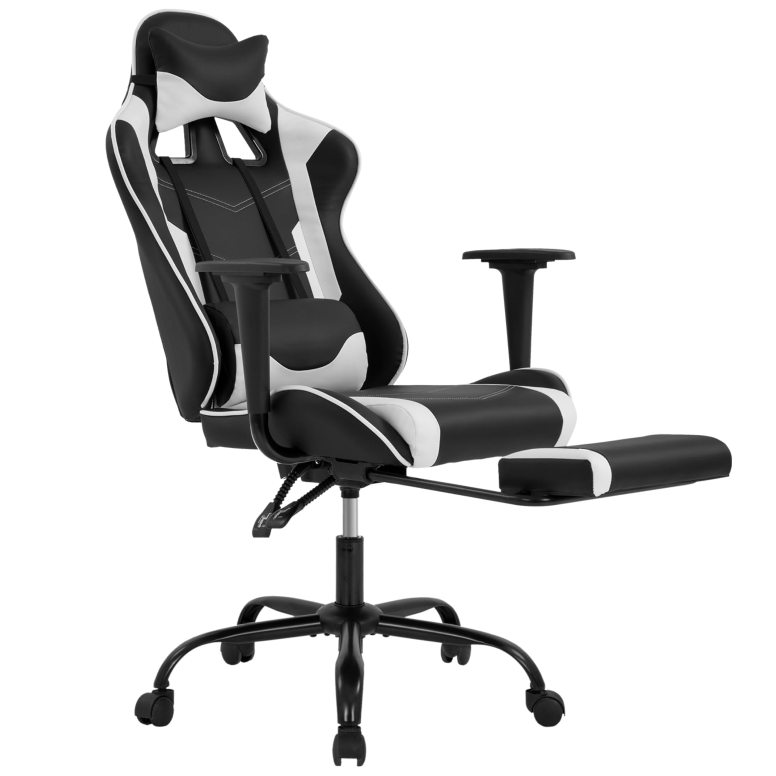 Lois Modern Leather Upholstered Ergonomic Reclining Gaming Chair with Foot Rest, Headrest Pillow, Swivel, Rolling for Recreation Room, Home Office, Black and White