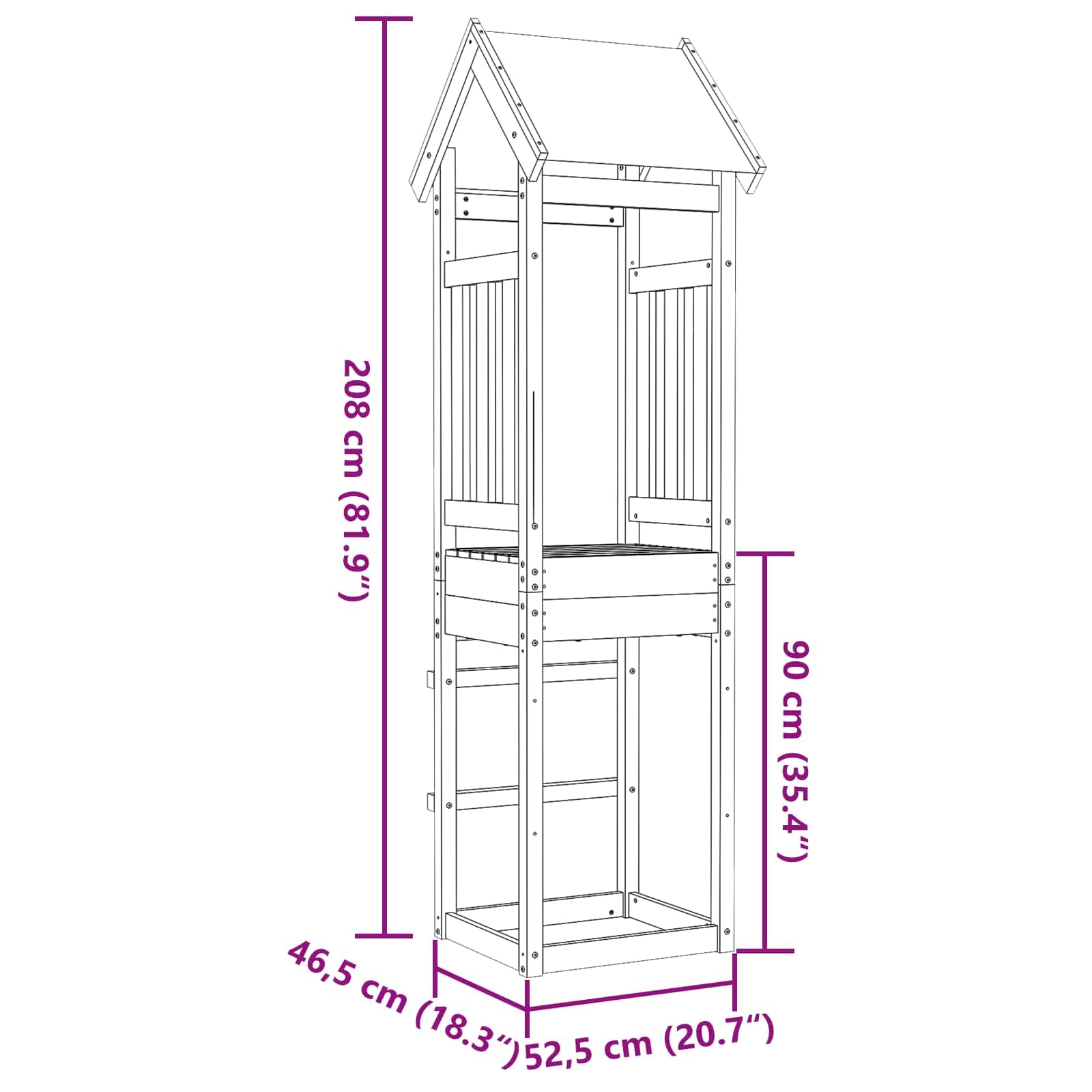 Spielturm aus massivem Kiefernholz braun 52,5 x 46,5 x 208 cm, Spielhaus Gartenhaus Kinderhaus, Stelzenhaus Baumhaus mit Veranda, Tür, Fenster und Dach für Garten Terrasse Hof draußen