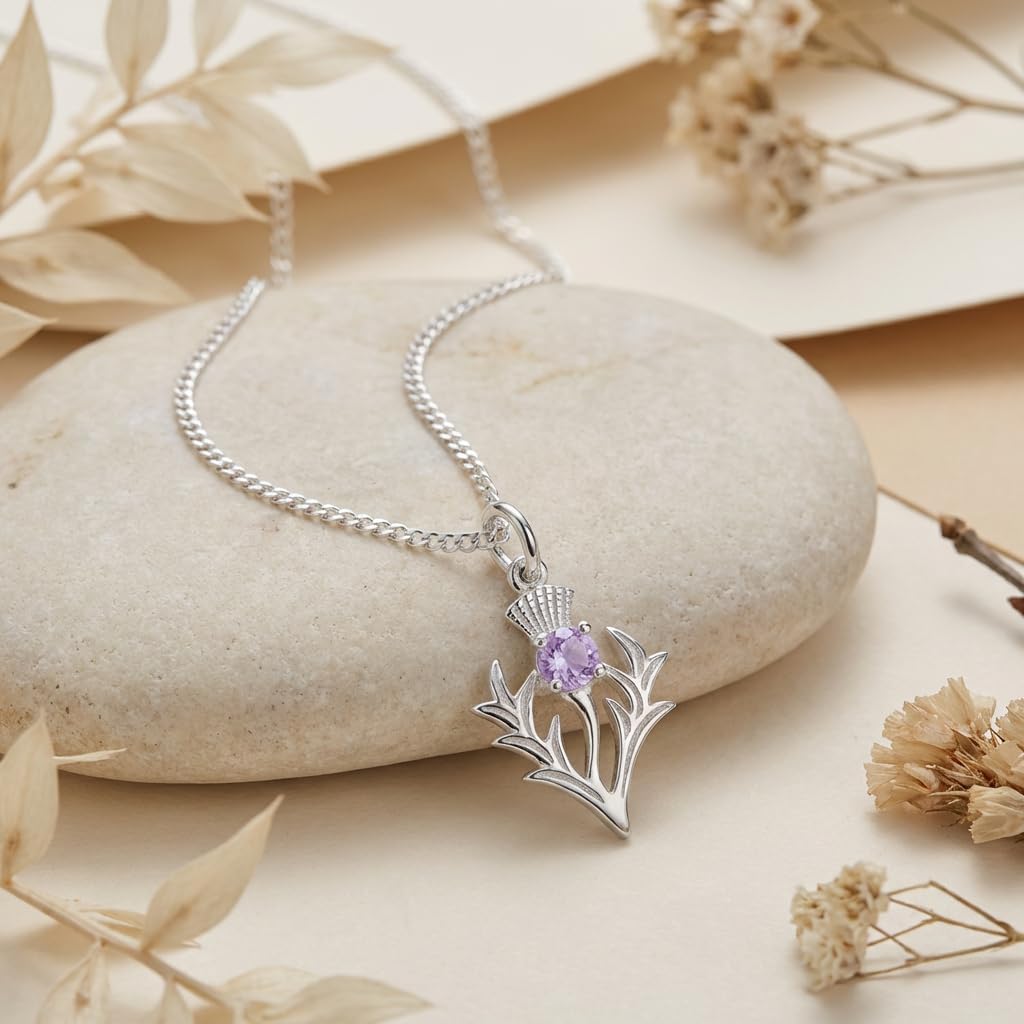 Alexander Castle 925 Sterling Silver Scottish Thistle & Real Amethyst Necklace - 20mm x 16mm Pendant with 18" Silver Chain & Jewelry Gift Box - Scottish Gifts for Women