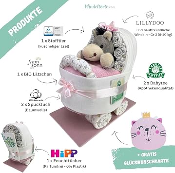 Pram with Cuddly Toy - Plush Toy - Gift for Birth - Baby Shower - Baby Shower - Puller Party (Pink)