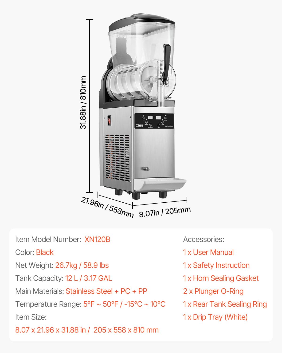 VEVOR Machine à Granité Commerciale 12 L Simple Réservoir, Machine à Boissons Glacées en Acier Inoxydable de 48 Tasses, Distributeur de Boissons Frappées Granitas Margarita Smoothie, Cafés Bars