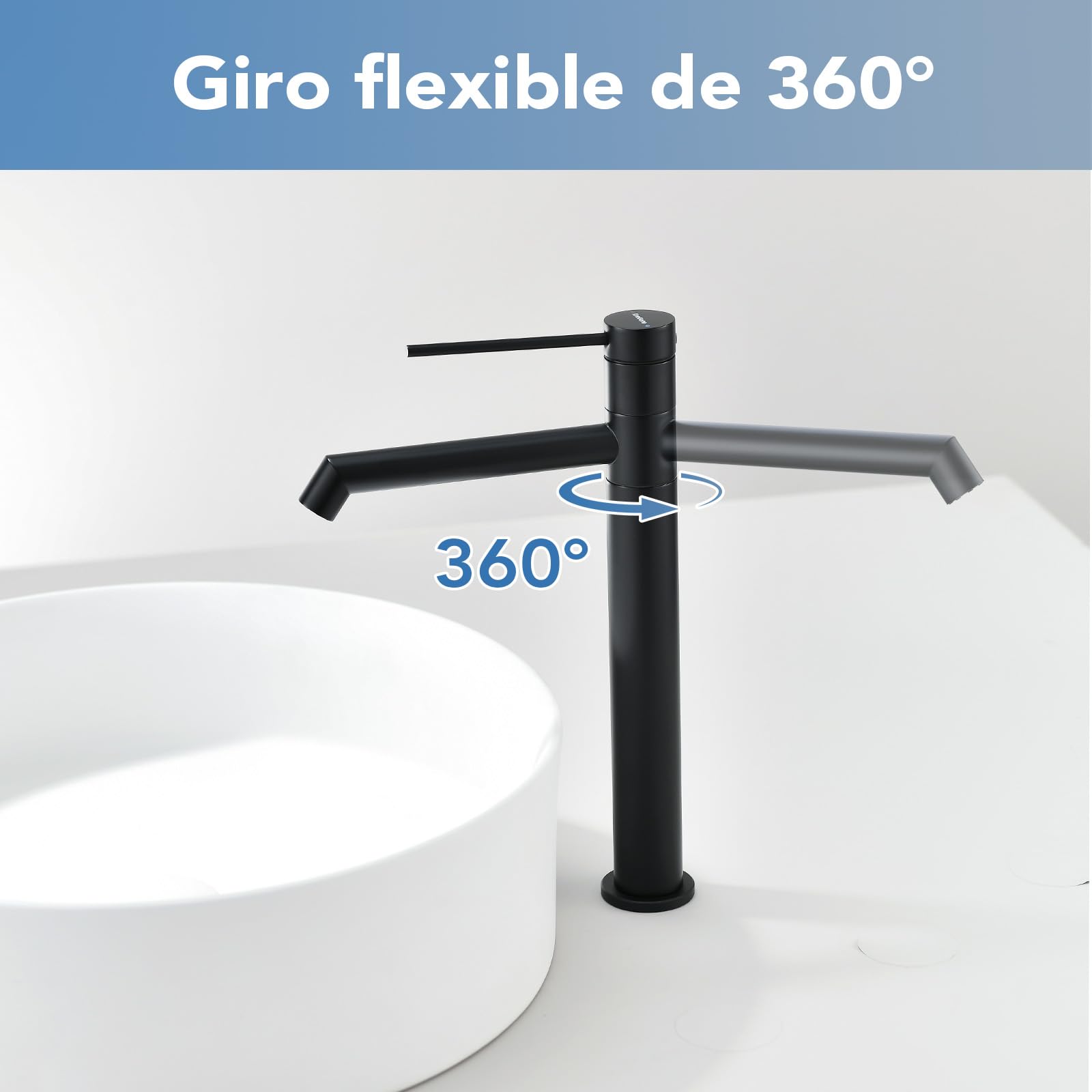 Grifo de Lavabo Elevado, Grifo de Baño 222 MM, con Aireador Extraíble y Cartucho Cerámico, Giro de 360°, Mezclador de un Solo Mango para el Lavabo del Baño, para Lavabos Elevados de Baño, Negro