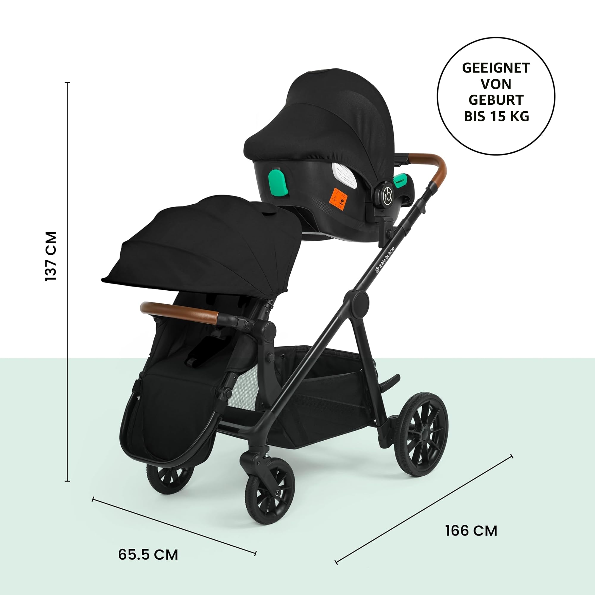 Ickle Bubba Virgo Growing Family 11-teiliger Kinderwagen Einzel- bis Doppel-Tandem mit Babywanne Fußsäcken Regenschutz Schwarz