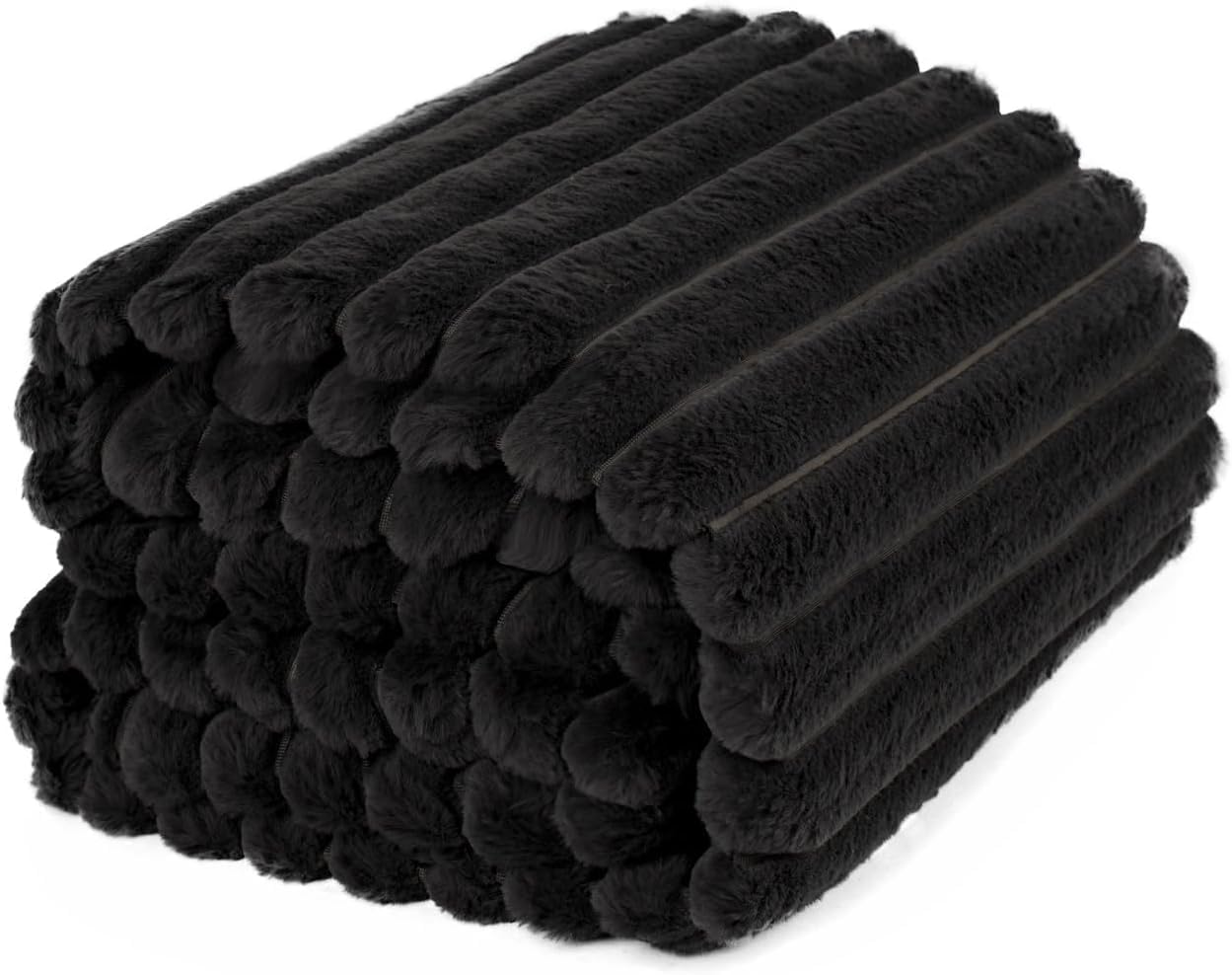 M-V-O Extra Large Teddy Ribbed Throw Blanket 200x240cm, Ultra Soft Faux Fur Fleece Bed Throw, Cosy Warm Sofa Blanket for Bedroom & Living Room, Washable (Black)
