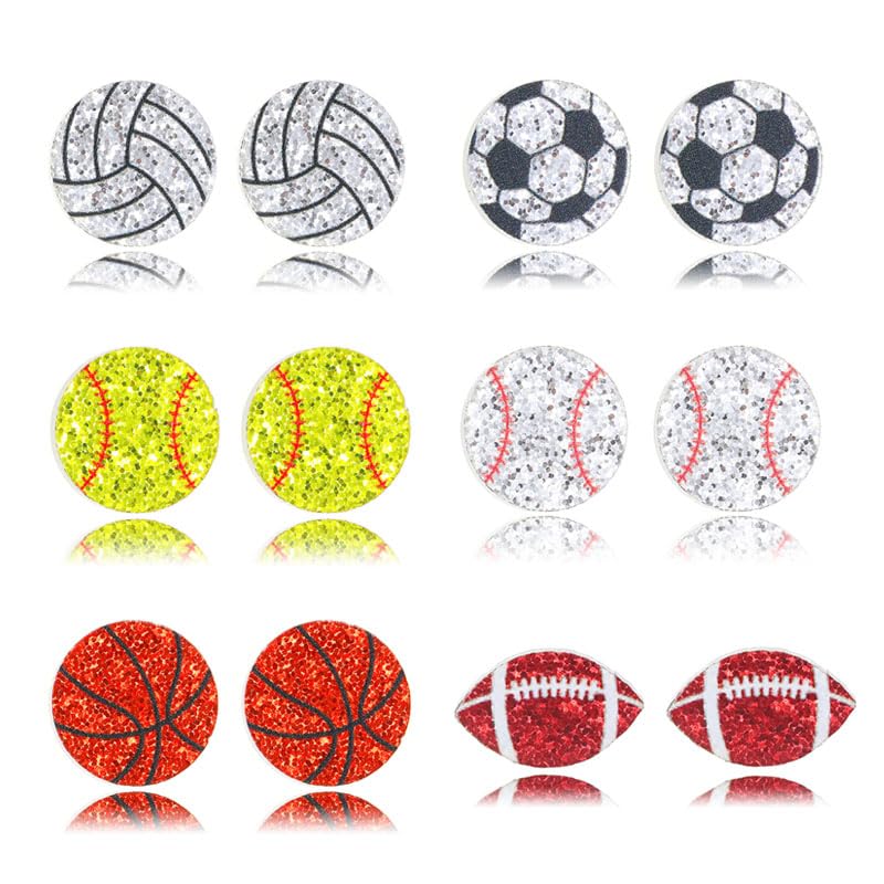 6Pairs Sport Acrylic Stud Earrings Set for Sport Lover Volleyball Baseball Basketball Football Rugby Glitter Football Jewelry Birthday Mother's Day Friendship Gifts