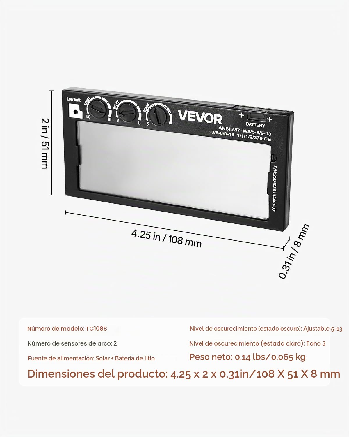 VEVOR Lente de Soldadura de Oscurecimiento Automático de 108 x 51 mm, Tono 5-13 Ajustable, Color Verdadero, con Sensores de Arco Dobles, para la Mayoría de Cascos de Soldadura para TIG, MIG, ARC