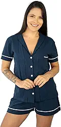 Pijama Algodão Feminino Curto Americano Manga Curta com Botão Botões Verão Adulto indicado Gestante Amamentação e Pós cirúgico - Marinho