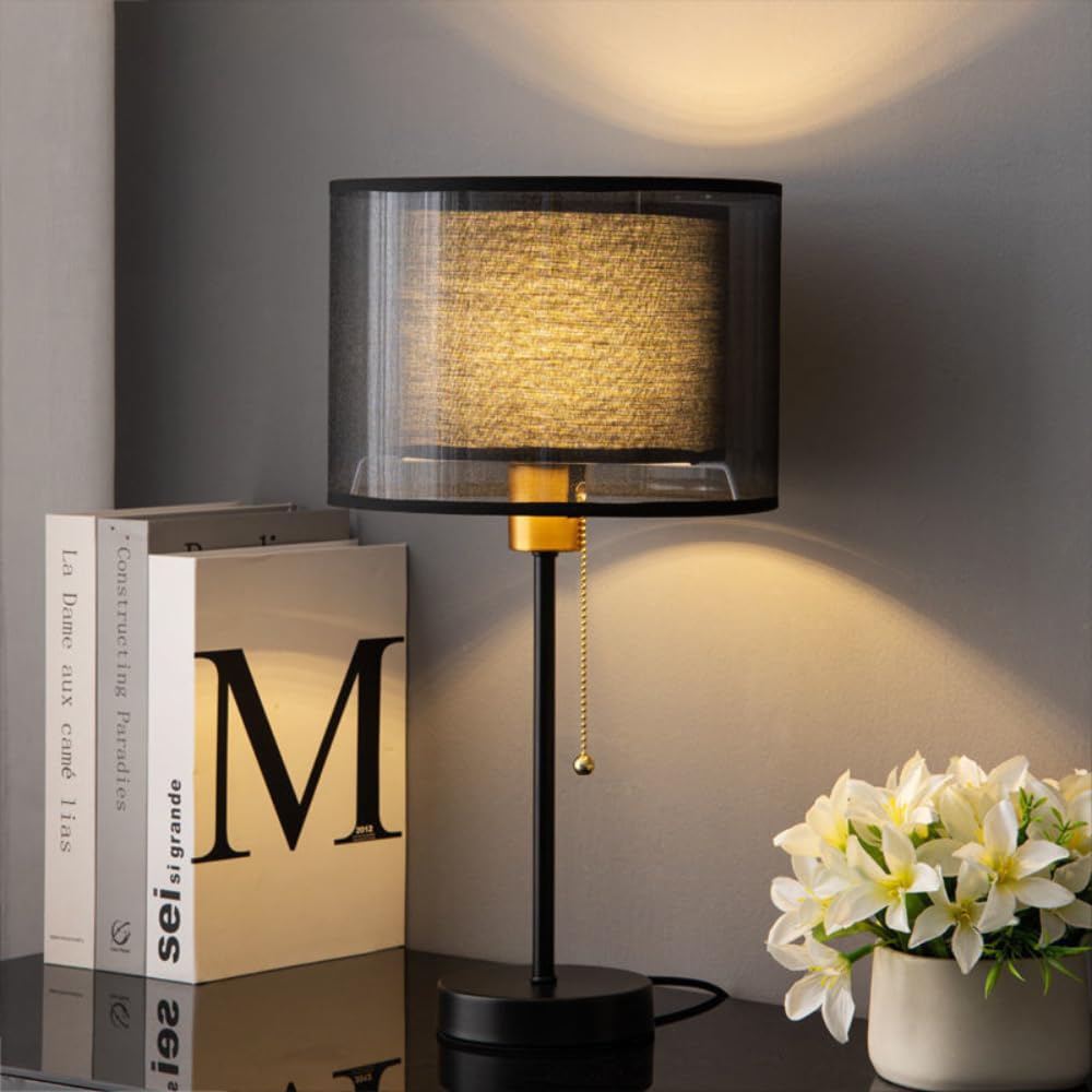 XINYASEE Lampe de table moderne à double abat-jour, lampe de chevet, abat-jour en tissu mesh, interrupteur à fermeture éclair, convient aux chambres, salons et bureaux - luminaires décoratifs(Noir)