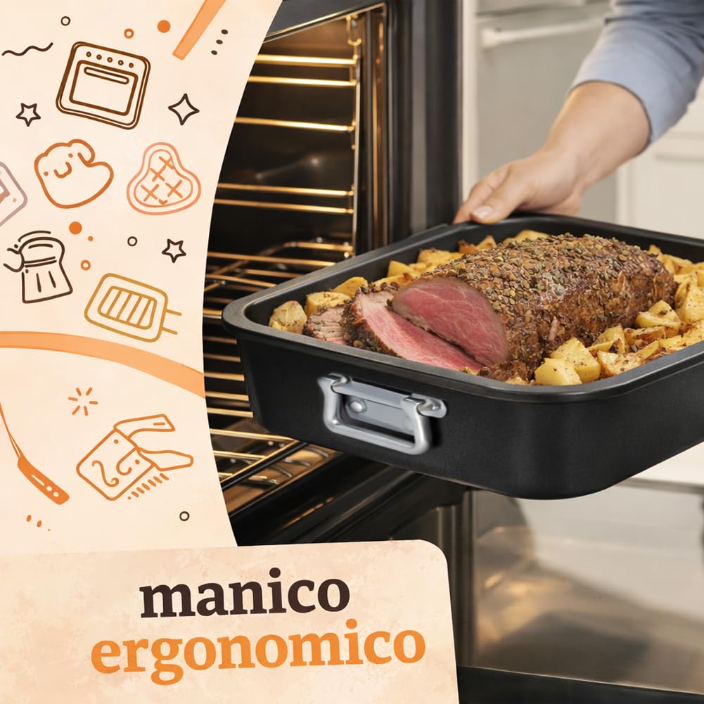BAKAJI Set 4 Teglie Vulcano Rettangolari da 20-25 - 30-35 cm da Forno con Maniglie e Fondo Antiaderente e Cottura Omogenea, Teglia Ideale per Cucinare Rapidamente Lasagne, Dolci, Facile da Pulire