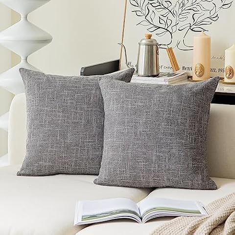 Kevin Textile Square Throw Pillow Cover, Linen Soft Cushion Covers, 24" x 24" Farmhouse Pillowcase, Home Decor Decorations for Sofa Couch, Set of 2, Dark Grey Cover