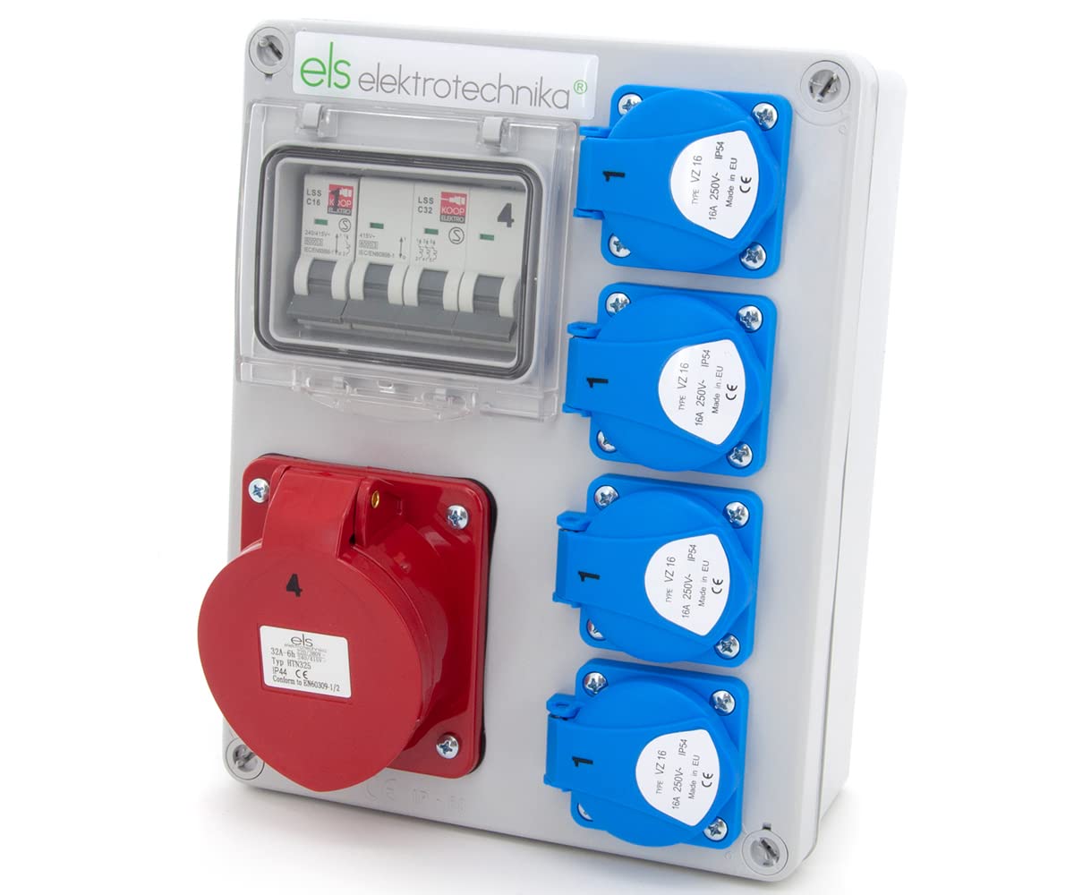 ELS Elektrotechnika Distribuidor de corriente de construcción, distribuidor de pared, caja vacía, enchufe Schuko 4 x 230 V + LS C16 y 1 x CEE 32 A + LS C32 cableado, listo para conectar, taller,