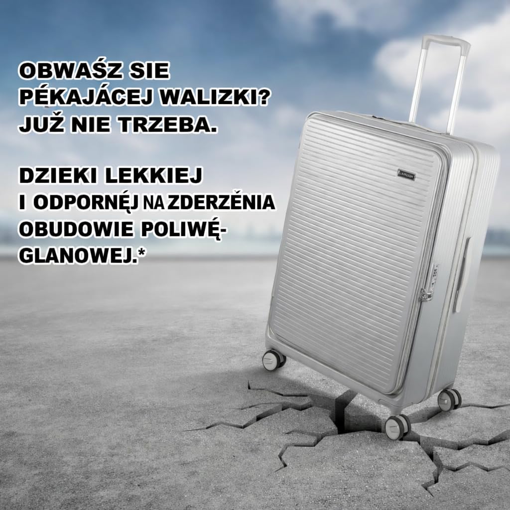 Zestaw 3 walizek z twardego poliwęglanu, specjalny system otwierania z przodu z przegródką organizera, możliwość rozszerzenia, 51 61 71 cm, zamek szyfrowy TSA, podwójne kółka 360 stopni, srebro