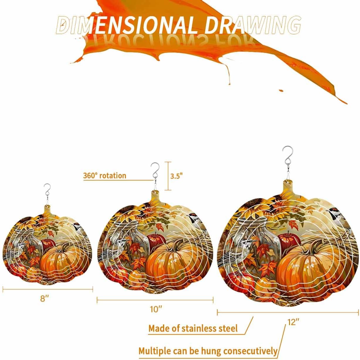 Fall Wind Spinners for Yard and Garden Bird Pumpkin Wind Spinner Sunflower Maple Leaves 3D Metal Stainless Steel Pumpkin Wind Sculptures Chimes Outdoor Patio Thanksgiving Hanging Decor 12 Inch