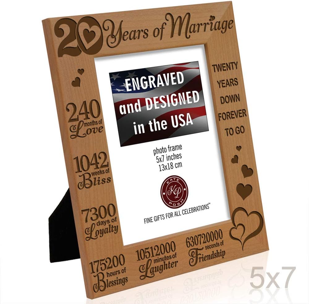 KATE POSH - 20 Years of Marriage, Our 20th Anniversary Engraved Natural Wood Picture Frame, Twenty Years Together, Wedding for Husband & Wife (5x7 Vertical) - Image 5