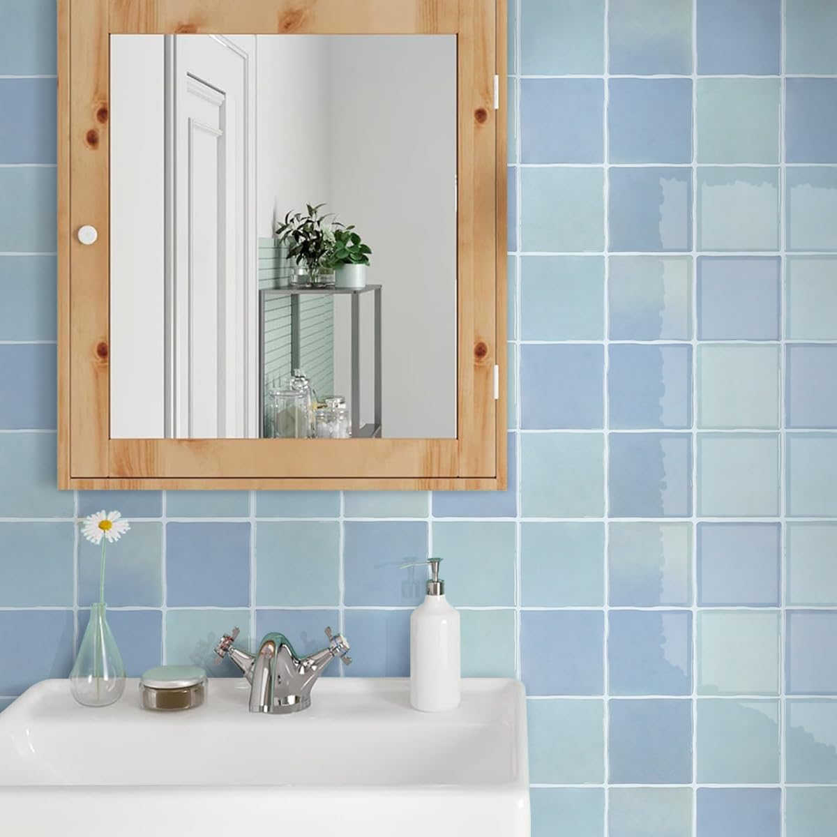 Commomy Più Spessi Piastrelle Adesive Cucina Azzurro Chiaro, 10 pezzi | Paraschizzi Cucina Mattonelle Adesive Bagno, Vinile Pannelli Decorative 3D per Parete,30,5 x 30,5 cm