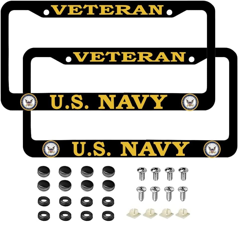 2 PCS for US Navy Veteran License Plate Frames Matte Black Aluminum License Plate Holder for USN License Plate Protection with Screw Set