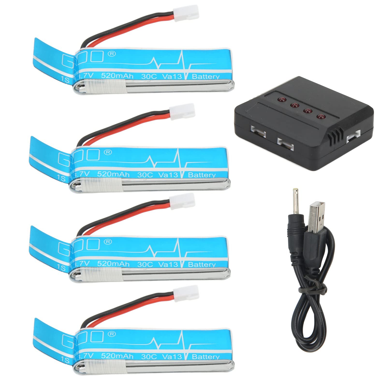 Bnineteenteam Lot de 4 Batteries Lithium-ION pour Hélicoptère Télécommandé, 3,7 V 520 MAh RC Lipo Batteries avec Chargeur, Accessoires d'avion RC pour WLtoys V977Batteries et chargeurs