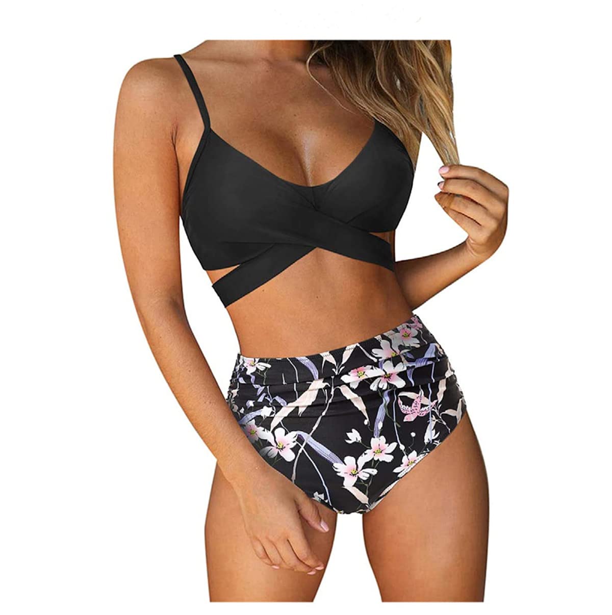 Women High Waisted Wrap Bikini Set Back Tie 2 Piece Swimsuits Low Neck Push Up Bathing Suits Solid Swimwear Print Criss cross Swimming suit Beachwear