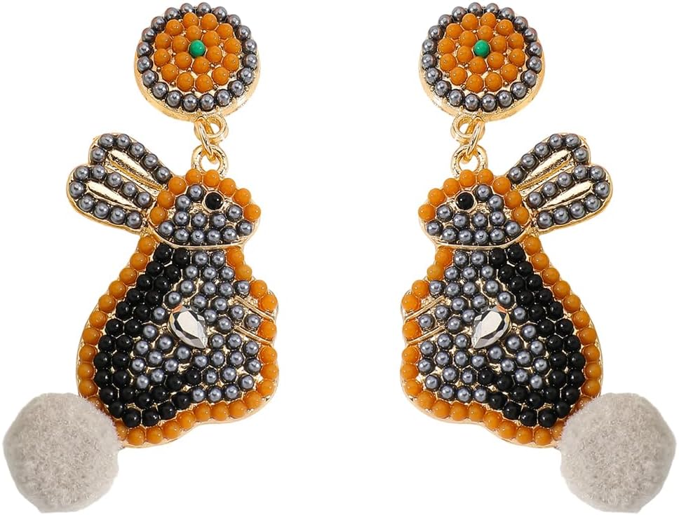 Alloy Beaded Black Easter Bunny Dangle Earrings for Women, Sparkly Holiday Statement Earrings with Pom Pom Spring Easter Jewelry Party Accessories